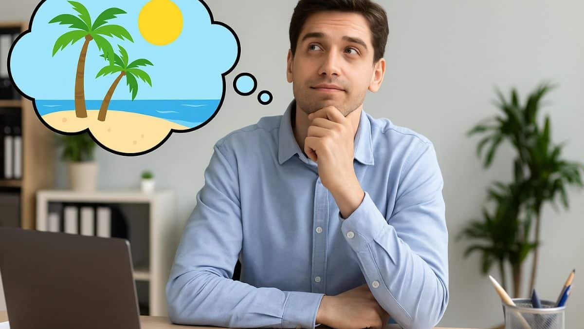 Un homme assis à son bureau pense à son prochain voyage, avec une bulle représentant une plage tropicale.
