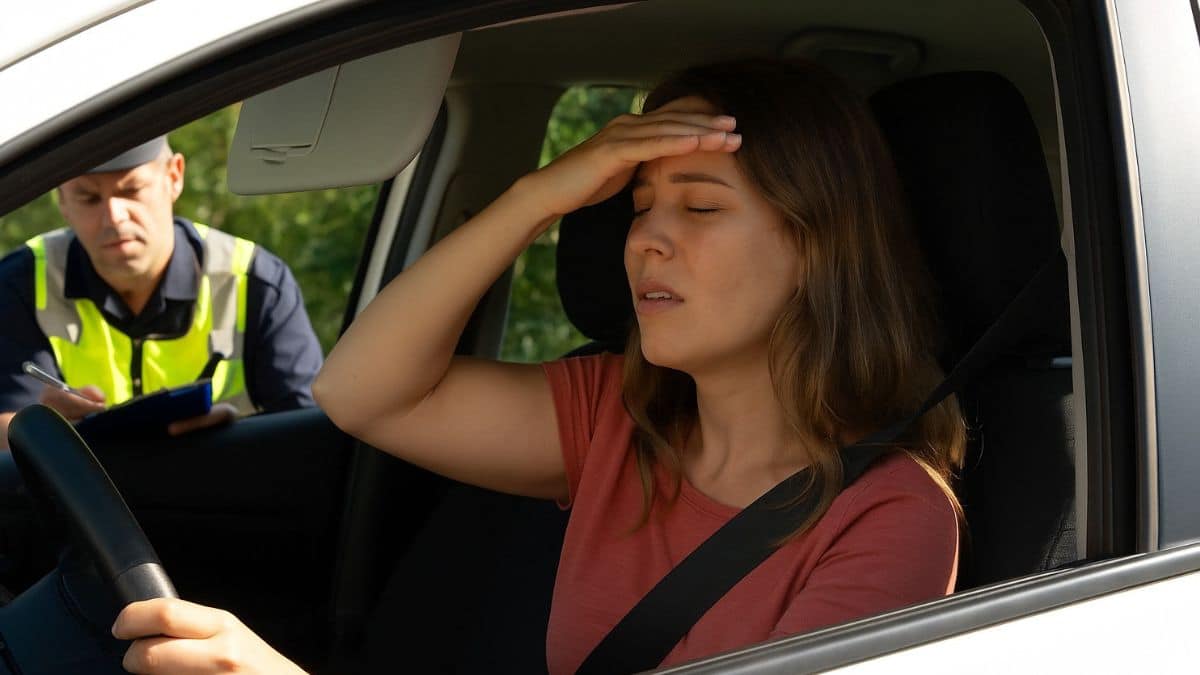 Femme gênée par le soleil dans sa voiture pendant qu’un agent lui remet une amende en Espagne.