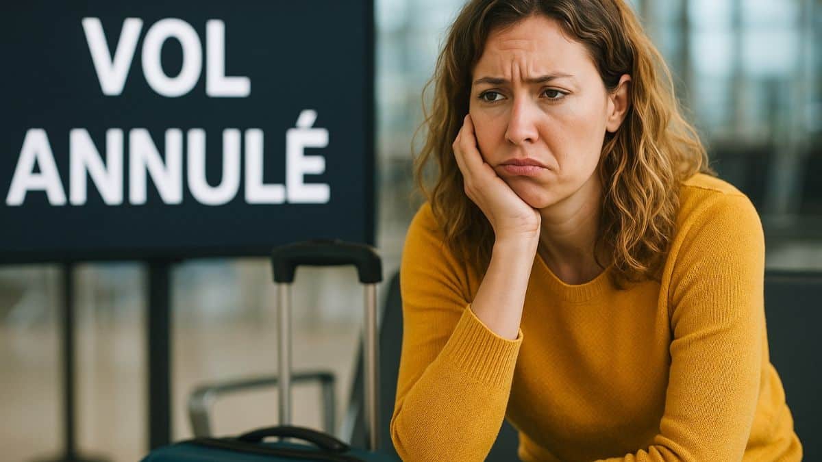 Une femme déçue dans un aéroport après l’annonce de l’annulation de son voyage, devant un panneau “VOL ANNULÉ”