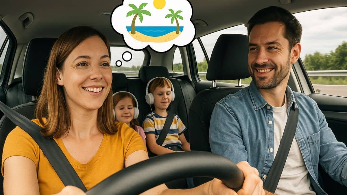 Famille souriante en voiture sur l’autoroute avec la mère pensant aux vacances à la plage.