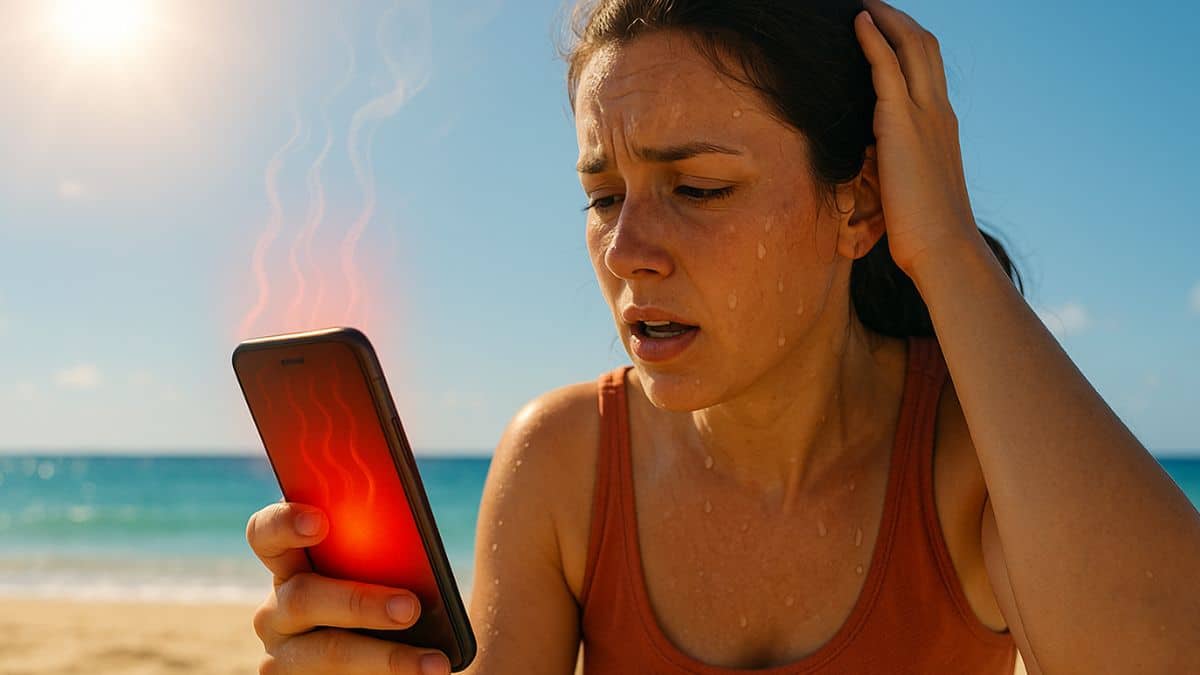 Une femme constate que son smartphone surchauffe.